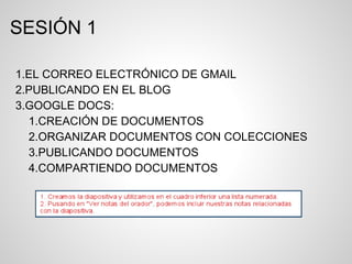 SESIÓN 1
1.EL CORREO ELECTRÓNICO DE GMAIL
2.PUBLICANDO EN EL BLOG
3.GOOGLE DOCS:
1.CREACIÓN DE DOCUMENTOS
2.ORGANIZAR DOCUMENTOS CON COLECCIONES
3.PUBLICANDO DOCUMENTOS
4.COMPARTIENDO DOCUMENTOS

 