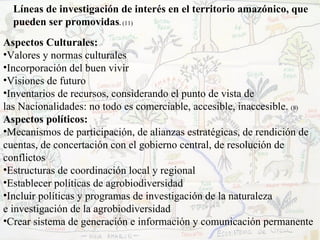 Aspectos Culturales: Valores y normas culturales Incorporación del buen vivir Visiones de futuro Inventarios de recursos, considerando el punto de vista de  las Nacionalidades: no todo es comerciable, accesible, inaccesible.  (8) Aspectos políticos: Mecanismos de participación, de alianzas estratégicas, de rendición de cuentas, de concertación con el gobierno central, de resolución de conflictos Estructuras de coordinación local y regional Establecer políticas de agrobiodiversidad Incluir políticas y programas de investigación de la naturaleza  e investigación de la agrobiodiversidad Crear sistema de generación e información y comunicación permanente Líneas de investigación de interés en el territorio amazónico, que pueden ser promovidas .  (11) 