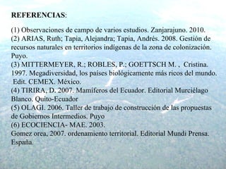 REFERENCIAS : (1) Observaciones de campo de varios estudios. Zanjarajuno. 2010. (2) ARIAS, Ruth; Tapia, Alejandra; Tapia, Andrés. 2008. Gestión de recursos naturales en territorios indígenas de la zona de colonización. Puyo. (3) MITTERMEYER, R.; ROBLES, P.; GOETTSCH M. ,  Cristina.  1997. Megadiversidad, los países biológicamente más ricos del mundo.  Edit. CEMEX. México.  (4) TIRIRA, D.  2007. Mamíferos del Ecuador. Editorial Murciélago Blanco. Quito-Ecuador (5) OLAGI. 2006.  Taller de trabajo de construcción de las propuestas de Gobiernos Intermedios. Puyo (6) ECOCIENCIA- MAE. 2003.  Gomez orea, 2007. ordenamiento territorial. Editorial Mundi Prensa. España. 