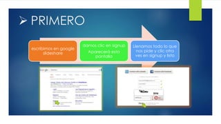  PRIMERO
escribimos en google
slideshare
damos clic en signup
Aparecerá esta
pantalla
Llenamos todo lo que
nos pide y clic otra
ves en signup y listo