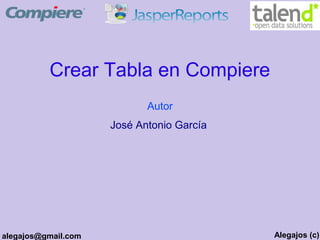 Crear Tabla en Compiere
                            Autor
                     José Antonio García




alegajos@gmail.com                         Alegajos (c)
 