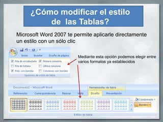 ¿Cómo modificar el estilo
         de las Tablas?
Microsoft Word 2007 te permite aplicarle directamente
un estilo con un sólo clic

                         Mediante esta opción podemos elegir entre
                         varios formatos ya establecidos
 