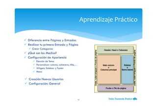 Diferencia entre Páginas y Entradas
Realizar tu primera Entrada y Página
Crear Categorías
¿Qué son los Medios?
Configuración de Apariencia
Elección de Tema
Personalizar: colores, cabecera, title,…
Witgets: Sidebar y Footer
Menú
Creación Nuevos Usuarios
Configuración: General
Aprendizaje Práctico
10
 