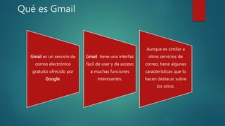 Qué es Gmail
Gmail es un servicio de
correo electrónico
gratuito ofrecido por
Google.
Gmail tiene una interfaz
fácil de usar y da acceso
a muchas funciones
interesantes.
Aunque es similar a
otros servicios de
correo, tiene algunas
características que lo
hacen destacar sobre
los otros.
 
