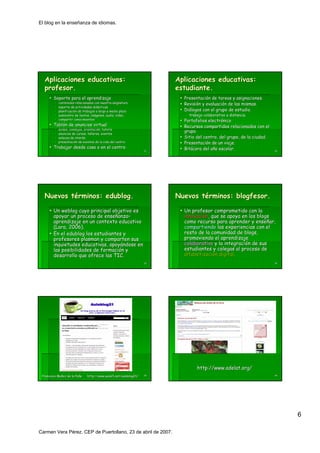 El blog en la enseñanza de idiomas.




  Aplicaciones educativas:                                             Aplicaciones educativas:
  profesor.                                                            estudiante.
        Soporte para el aprendizaje                                      Presentación de tareas y asignaciones.
                                                                         Presentació                asignaciones.
           contenidos relacionados con nuestra asignatura                Revisión y evaluación de las mismas.
                                                                         Revisió    evaluació         mismas.
           soporte de actividades didácticas
                                    didá
           planificación de trabajos a largo y medio plazo
           planificació                                                  Diálogos con el grupo de estudio.
                                                                         Diá                       estudio.
           suministro de textos, imágenes, audio, video.
                          textos, imá genes,      video.                   trabajo colaborativo a distancia.
           compartir conocimientos                                       Portafolios electrónico
                                                                                     electró
        Tablón de anuncios virtual
        Tabló                                                            Recursos compartidos relacionados con el
           avisos, consejos, orientación, tutoría
                   consejos, orientació tutorí
           anuncios de cursos, talleres, eventos
                                                                         grupo.
                                                                         grupo.
                        cursos, talleres,
           enlaces de interés
                       interé                                            Sitio del centro, del grupo, de la ciudad.
           presentación de eventos de la vida del centro
           presentació                                                   Presentación de un viaje.
                                                                         Presentació
        Trabajar desde casa o en el centro                               Bitácora del año escolar.
                                                                         Bitá         añ
                                                                  31                                                  32




  Nuevos términos: edublog.
         té        edublog.                                            Nuevos términos: blogfesor.
                                                                              té

        Un weblog cuyo principal objetivo es                             Un profesor comprometido con la
        apoyar un proceso de enseñanza–
                               enseñ anza–                               innovación, que se apoya en los blogs
                                                                         innovació
        aprendizaje en un contexto educativo                             como recurso para aprender y enseñar,
                                                                                                        enseñ
        (Lara, 2006).                                                    compartiendo las experiencias con el
        En el edublog los estudiantes y                                  resto de la comunidad de blogs,
        profesores plasman y comparten sus                               promoviendo el aprendizaje
        inquietudes educativas, apoyándose en
                                 apoyá                                   colaborativo y la integración de sus
                                                                                           integració
        las posibilidades de formación y
                             formació                                    estudiantes y colegas al proceso de
        desarrollo que ofrece las TIC.                                   alfabetización digital.
                                                                         alfabetizació digital.
                                                                  33                                                  34




                                                                               http://www.adelat.org/
 Francisco Muñoz de la Peña
           Muñ         Peñ    http://www.aula21.net/aulablog21/   35                                                  36




                                                                                                                           6

Carmen Vera Pérez. CEP de Puertollano, 23 de abril de 2007.
 