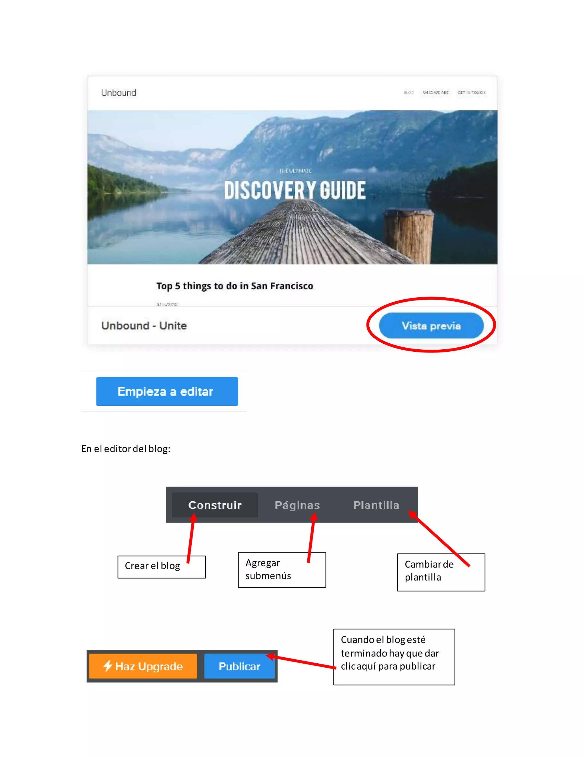 En el editordel blog:
Crear el blog Agregar
submenús
Cambiarde
plantilla
Cuandoel blogesté
terminadohayque dar
clicaquí para publicar