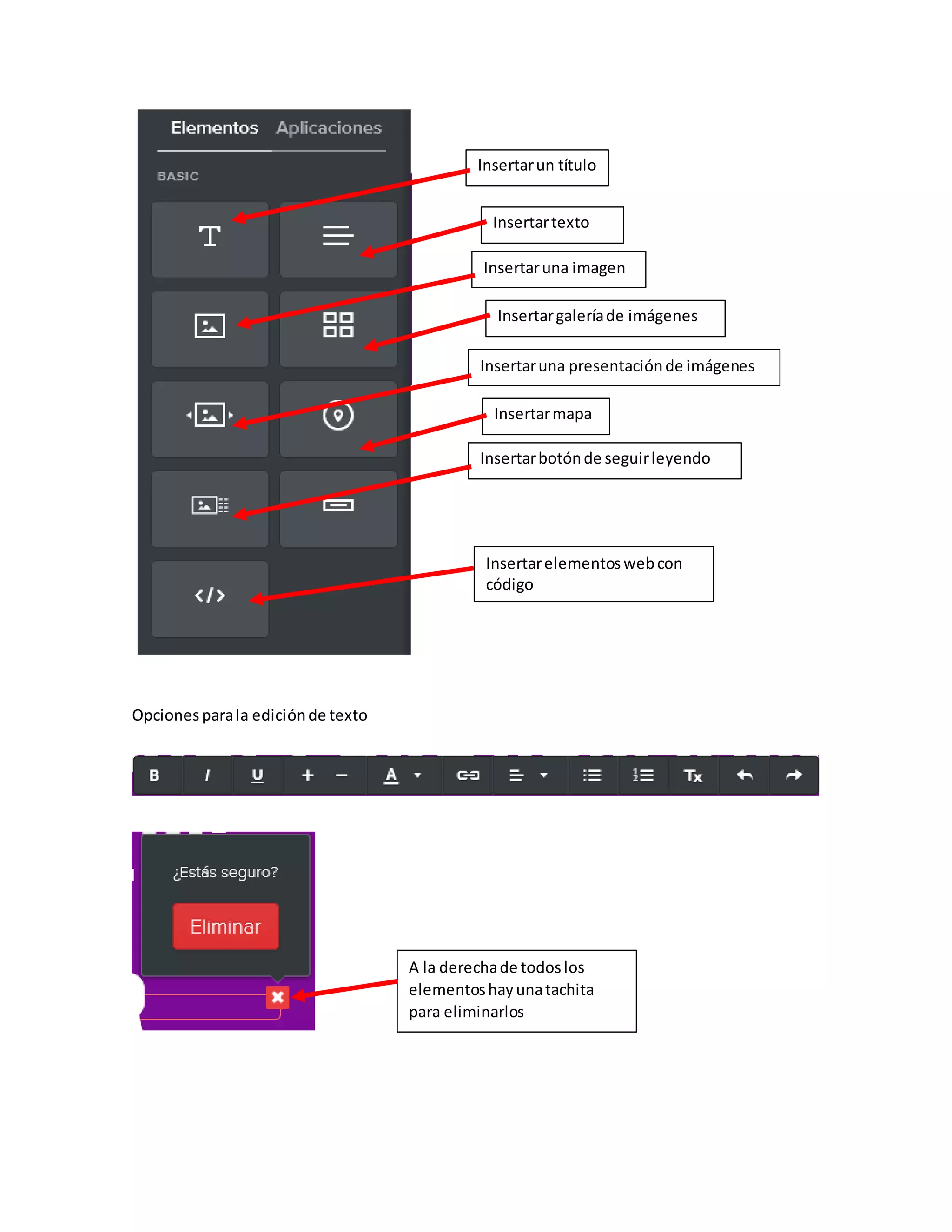 Opcionesparala ediciónde texto
Insertarun título
Insertartexto
Insertaruna imagen
título
Insertargaleríade imágenes
Insertaruna presentaciónde imágenes
título
Insertarmapa
Insertarbotónde seguirleyendo
Insertarelementoswebcon
código
A la derechade todoslos
elementoshayunatachita
para eliminarlos