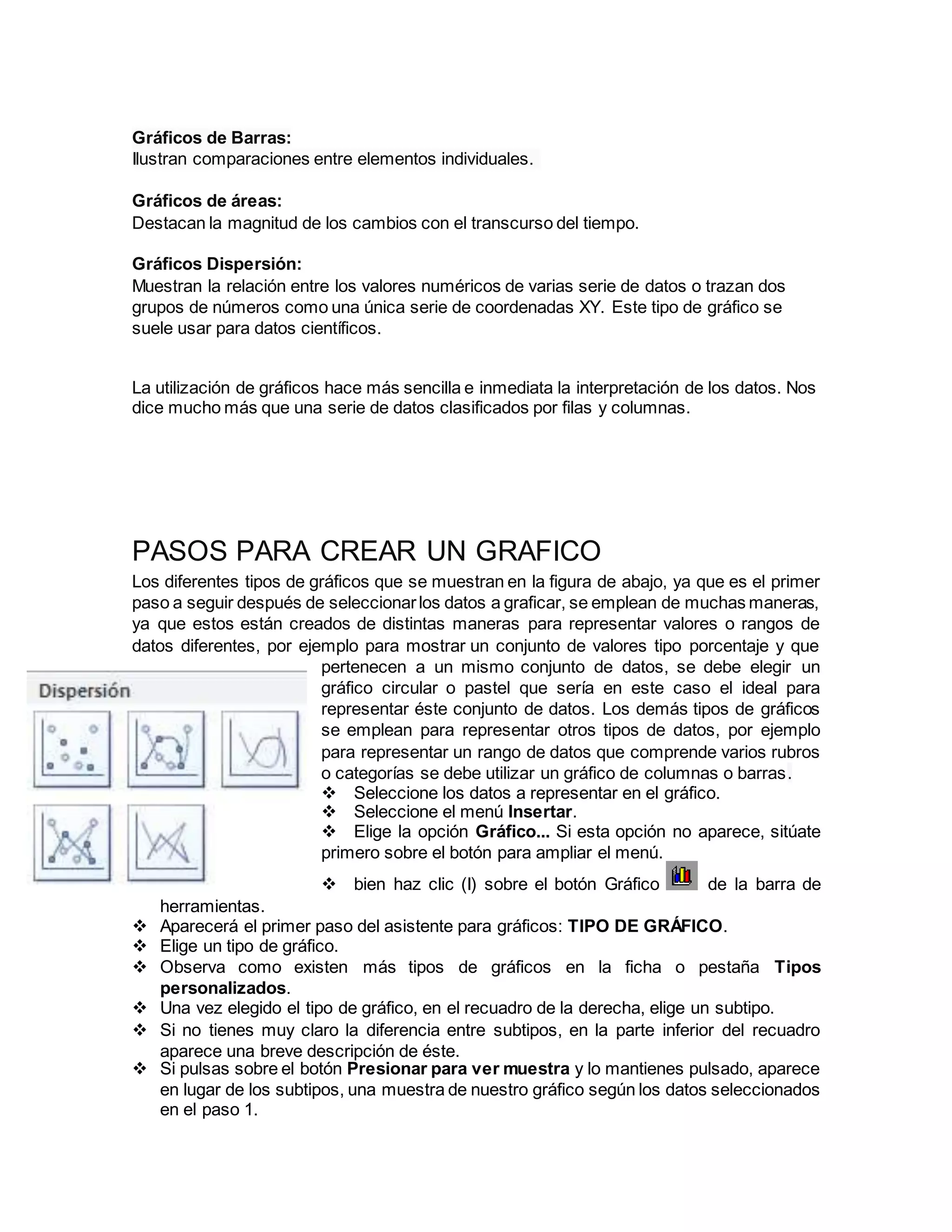 Gráficos de Barras:
Ilustran comparaciones entre elementos individuales.
Gráficos de áreas:
Destacan la magnitud de los cambios con el transcurso del tiempo.
Gráficos Dispersión:
Muestran la relación entre los valores numéricos de varias serie de datos o trazan dos
grupos de números como una única serie de coordenadas XY. Este tipo de gráfico se
suele usar para datos científicos.
La utilización de gráficos hace más sencilla e inmediata la interpretación de los datos. Nos
dice mucho más que una serie de datos clasificados por filas y columnas.
PASOS PARA CREAR UN GRAFICO
Los diferentes tipos de gráficos que se muestran en la figura de abajo, ya que es el primer
paso a seguir después de seleccionarlos datos a graficar, se emplean de muchas maneras,
ya que estos están creados de distintas maneras para representar valores o rangos de
datos diferentes, por ejemplo para mostrar un conjunto de valores tipo porcentaje y que
pertenecen a un mismo conjunto de datos, se debe elegir un
gráfico circular o pastel que sería en este caso el ideal para
representar éste conjunto de datos. Los demás tipos de gráficos
se emplean para representar otros tipos de datos, por ejemplo
para representar un rango de datos que comprende varios rubros
o categorías se debe utilizar un gráfico de columnas o barras.
 Seleccione los datos a representar en el gráfico.
 Seleccione el menú Insertar.
 Elige la opción Gráfico... Si esta opción no aparece, sitúate
primero sobre el botón para ampliar el menú.
 bien haz clic (I) sobre el botón Gráfico de la barra de
herramientas.
 Aparecerá el primer paso del asistente para gráficos: TIPO DE GRÁFICO.
 Elige un tipo de gráfico.
 Observa como existen más tipos de gráficos en la ficha o pestaña Tipos
personalizados.
 Una vez elegido el tipo de gráfico, en el recuadro de la derecha, elige un subtipo.
 Si no tienes muy claro la diferencia entre subtipos, en la parte inferior del recuadro
aparece una breve descripción de éste.
 Si pulsas sobre el botón Presionar para ver muestra y lo mantienes pulsado, aparece
en lugar de los subtipos, una muestra de nuestro gráfico según los datos seleccionados
en el paso 1.
 
