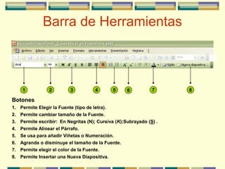 Barra de Herramientas
1 2 3 4 5 6 7 8
Botones
1. Permite Elegir la Fuente (tipo de letra).
2. Permite cambiar tamaño de la Fuente.
3. Permite escribir: En Negritas (N); Cursiva (K);Subrayado (S) .
4. Permite Alinear el Párrafo.
5. Se usa para añadir Viñetas o Numeración.
6. Agranda o disminuye el tamaño de la Fuente.
7. Permite elegir el color de la Fuente.
8. Permite Insertar una Nueva Diapositiva.
 