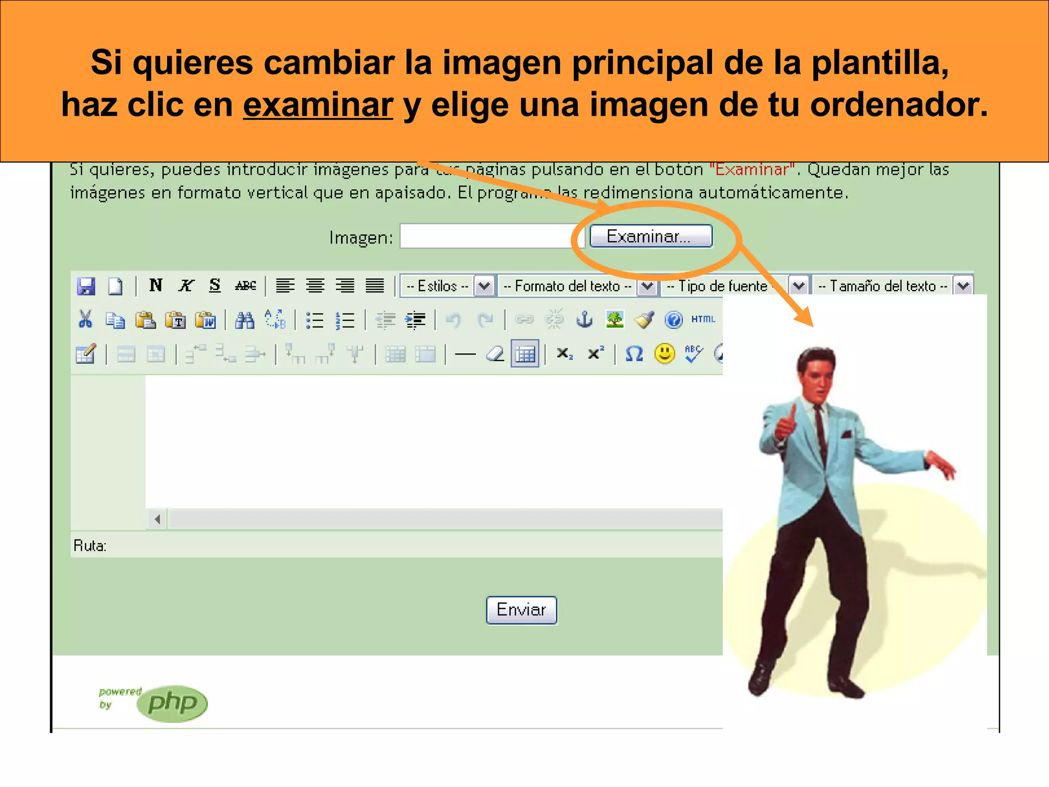 Si quieres cambiar la imagen principal de la plantilla,  haz clic en  examinar  y elige una imagen de tu ordenador. 