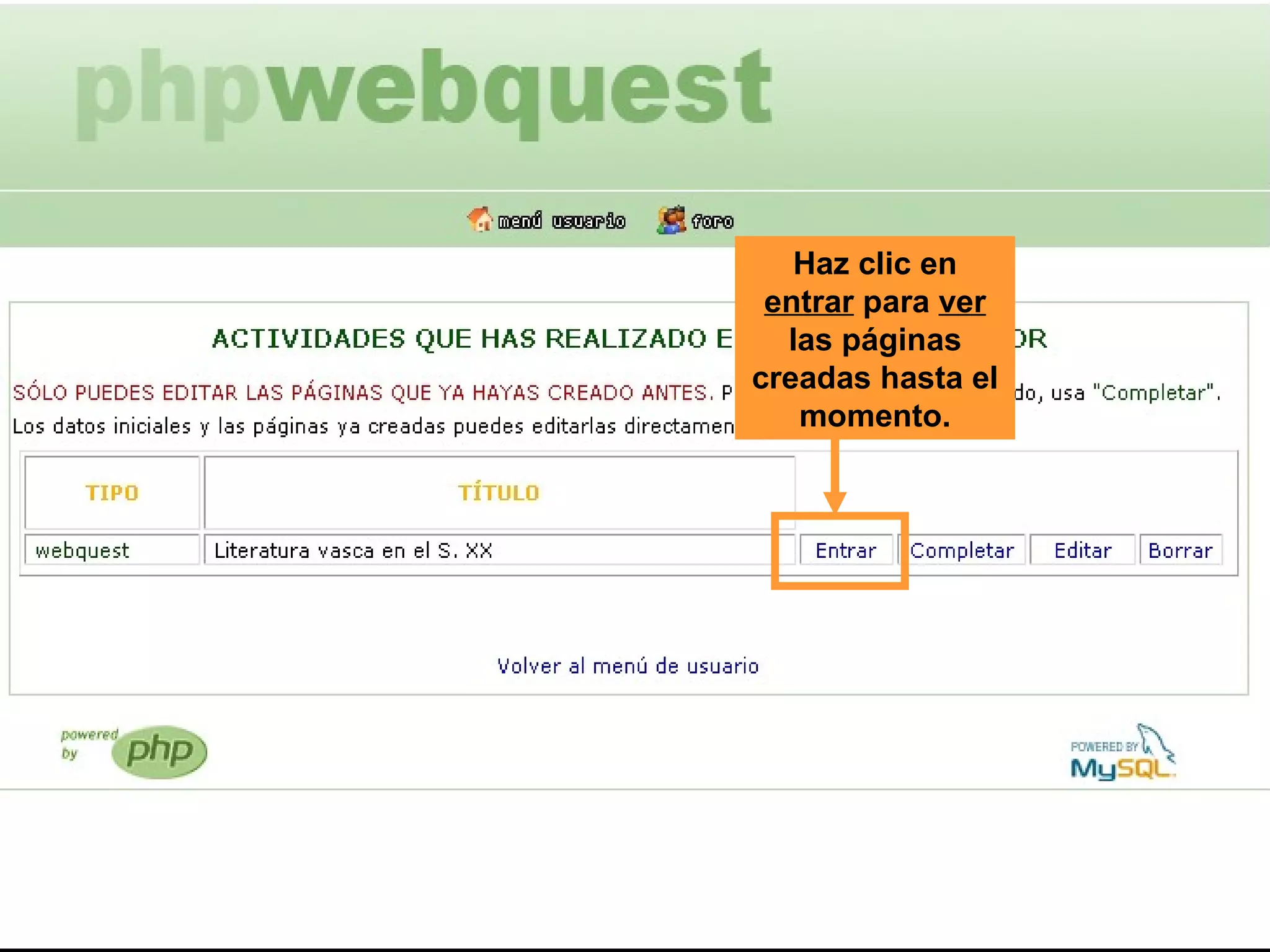 Haz clic en  entrar  para  ver  las páginas creadas hasta el momento. 
