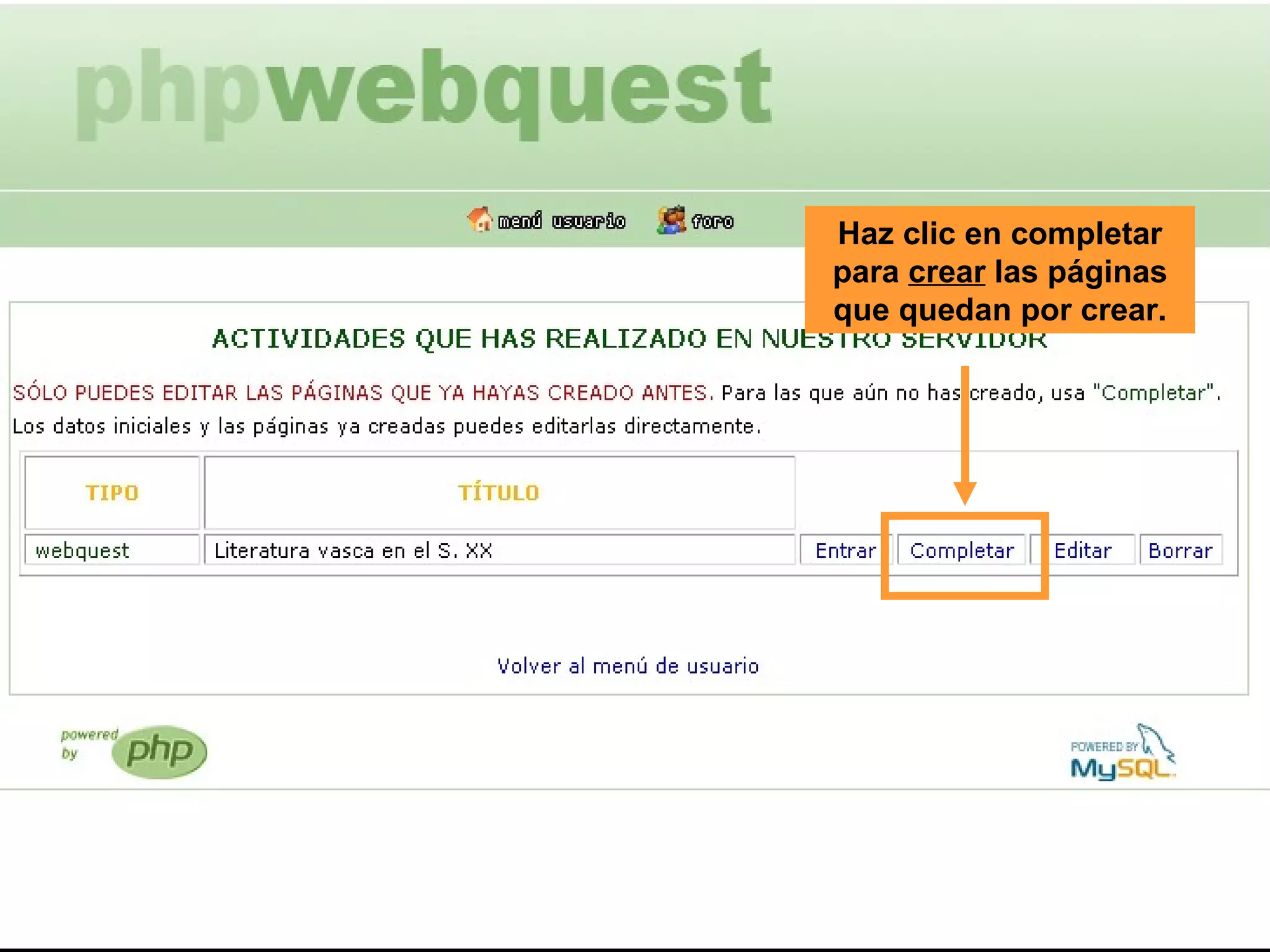Haz clic en completar para  crear  las páginas que quedan por crear. 