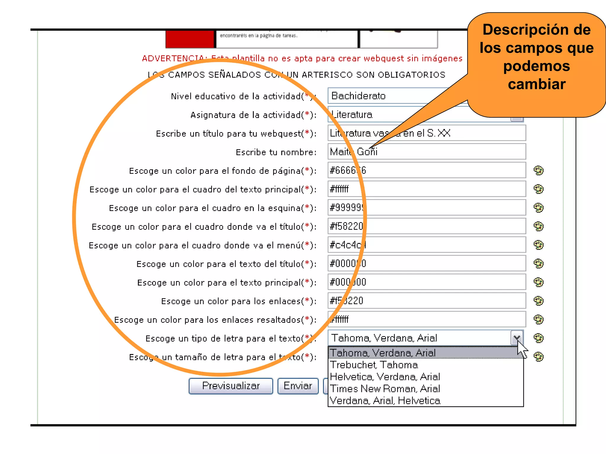 Descripción de los campos que podemos cambiar 