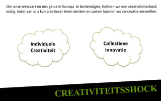 Om onze welvaart en ons geluk in Europa te bestendigen, hebben we een creativiteitsshock
nodig. Ieder van ons kan creatiever leren denken en samen kunnen we co-creatie versnellen.




              Individuele                                Collectieve
              Creativiteit                                Innovatie
 