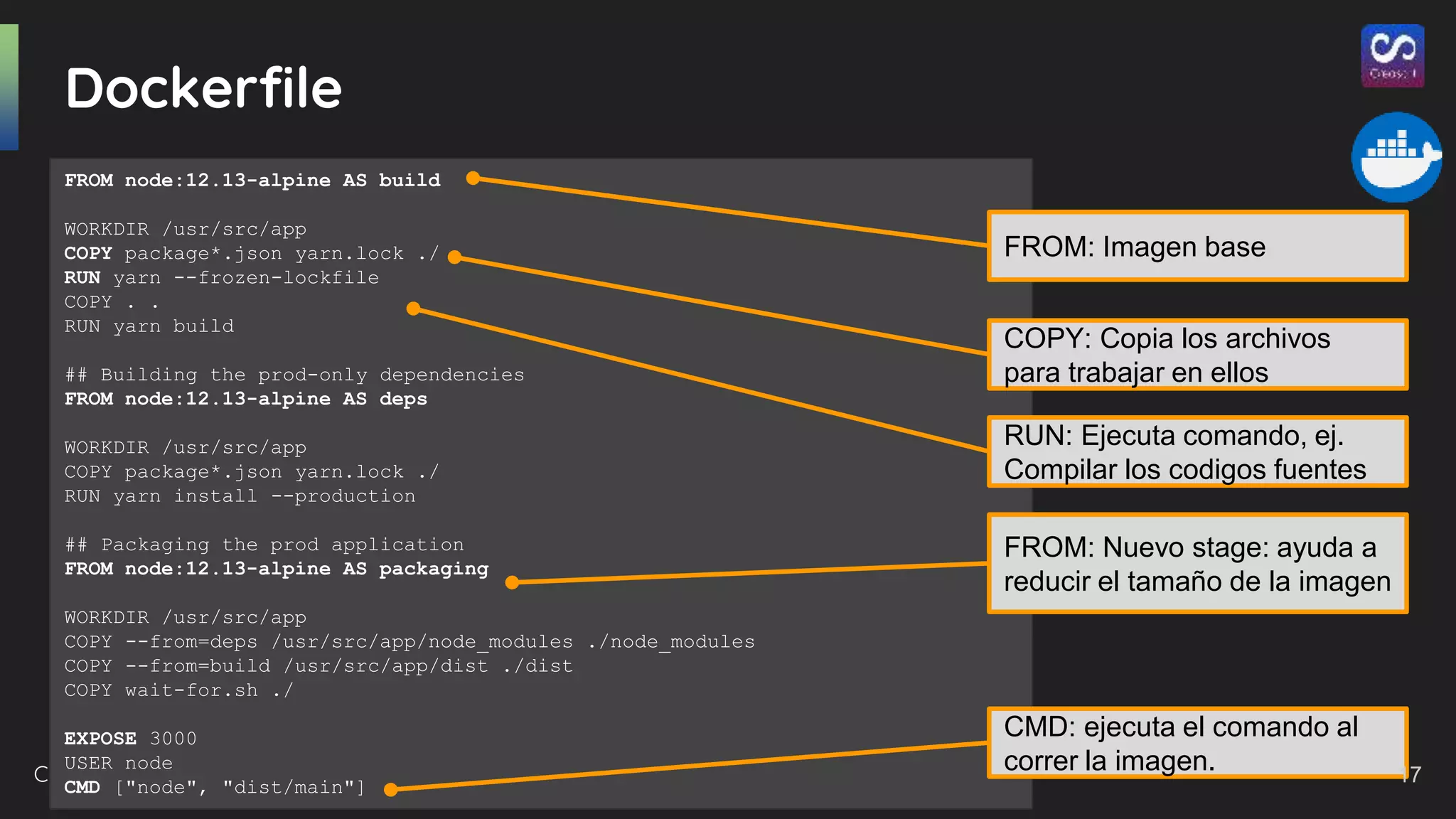Creasoft.dev 2021
Dockerfile
FROM node:12.13-alpine AS build
WORKDIR /usr/src/app
COPY package*.json yarn.lock ./
RUN yarn --frozen-lockfile
COPY . .
RUN yarn build
## Building the prod-only dependencies
FROM node:12.13-alpine AS deps
WORKDIR /usr/src/app
COPY package*.json yarn.lock ./
RUN yarn install --production
## Packaging the prod application
FROM node:12.13-alpine AS packaging
WORKDIR /usr/src/app
COPY --from=deps /usr/src/app/node_modules ./node_modules
COPY --from=build /usr/src/app/dist ./dist
COPY wait-for.sh ./
EXPOSE 3000
USER node
CMD ["node", "dist/main"]
FROM: Imagen base
COPY: Copia los archivos
para trabajar en ellos
RUN: Ejecuta comando, ej.
Compilar los codigos fuentes
FROM: Nuevo stage: ayuda a
reducir el tamaño de la imagen
CMD: ejecuta el comando al
correr la imagen. 17
 