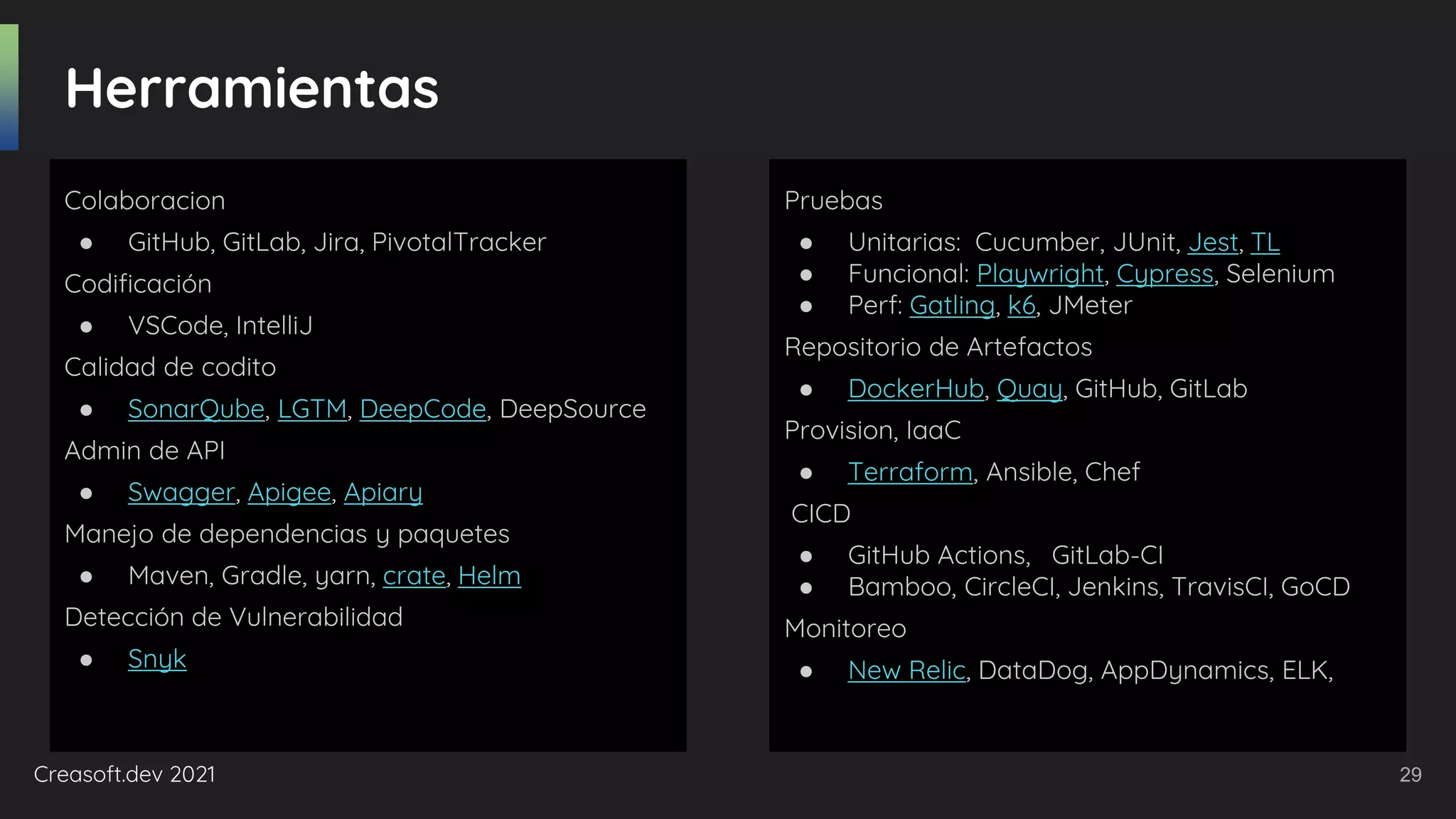 Creasoft.dev 2021
Colaboracion
● GitHub, GitLab, Jira, PivotalTracker
Codificación
● VSCode, IntelliJ
Calidad de codito
● SonarQube, LGTM, DeepCode, DeepSource
Admin de API
● Swagger, Apigee, Apiary
Manejo de dependencias y paquetes
● Maven, Gradle, yarn, crate, Helm
Detección de Vulnerabilidad
● Snyk
Herramientas
Pruebas
● Unitarias: Cucumber, JUnit, Jest, TL
● Funcional: Playwright, Cypress, Selenium
● Perf: Gatling, k6, JMeter
Repositorio de Artefactos
● DockerHub, Quay, GitHub, GitLab
Provision, IaaC
● Terraform, Ansible, Chef
CICD
● GitHub Actions, GitLab-CI
● Bamboo, CircleCI, Jenkins, TravisCI, GoCD
Monitoreo
● New Relic, DataDog, AppDynamics, ELK,
29
 