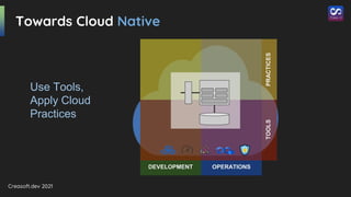 Creasoft.dev 2021
DEVELOPMENT OPERATIONS
TOOLS
PRACTICES
Towards Cloud Native
Use Tools,
Apply Cloud
Practices
 