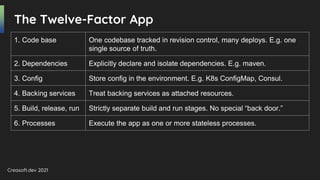 Creasoft.dev 2021
The Twelve-Factor App
1. Code base One codebase tracked in revision control, many deploys. E.g. one
single source of truth.
2. Dependencies Explicitly declare and isolate dependencies. E.g. maven.
3. Config Store config in the environment. E.g. K8s ConfigMap, Consul.
4. Backing services Treat backing services as attached resources.
5. Build, release, run Strictly separate build and run stages. No special “back door.”
6. Processes Execute the app as one or more stateless processes.
 