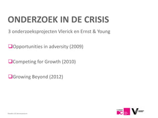 ONDERZOEK IN DE CRISIS
3 onderzoeksprojecten Vlerick en Ernst & Young

Opportunities in adversity (2009)

Competing for Growth (2010)

Growing Beyond (2012)




Flanders DC Kenniscentrum
 
