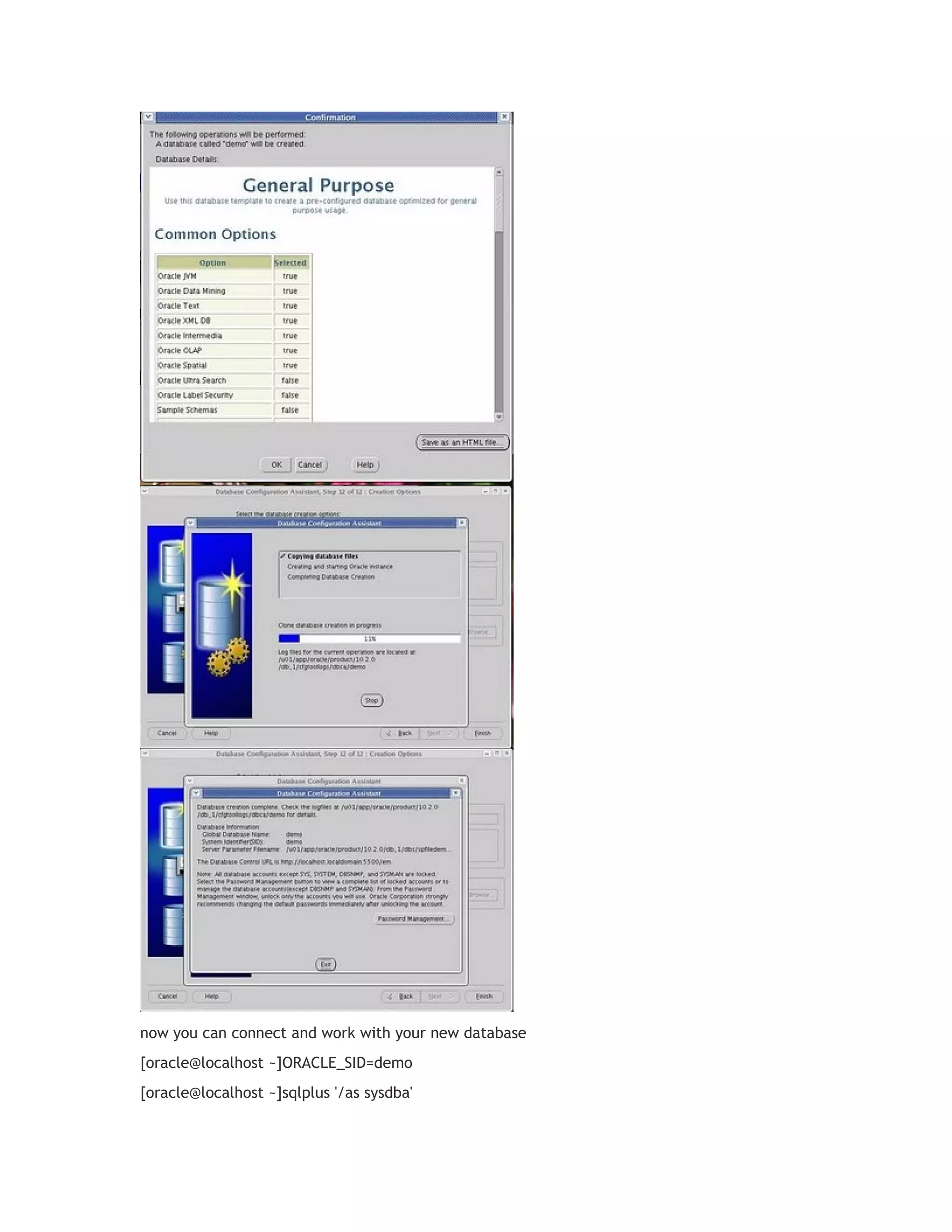 now you can connect and work with your new database
[oracle@localhost ~]ORACLE_SID=demo
[oracle@localhost ~]sqlplus '/as sysdba'

 