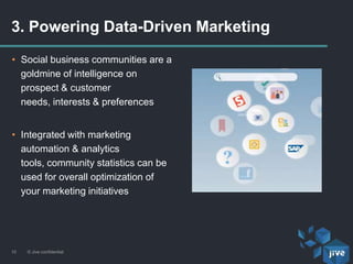 3. Powering Data-Driven Marketing
© Jive confidential10
• Social business communities are a
goldmine of intelligence on
prospect & customer
needs, interests & preferences
• Integrated with marketing
automation & analytics
tools, community statistics can be
used for overall optimization of
your marketing initiatives
 