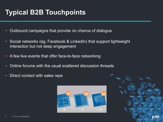 Typical B2B Touchpoints
• Outbound campaigns that provide no chance of dialogue
• Social networks (eg. Facebook & LinkedIn) that support lightweight
interaction but not deep engagement
• A few live events that offer face-to-face networking
• Online forums with the usual scattered discussion threads
• Direct contact with sales reps
© Jive confidential4
 