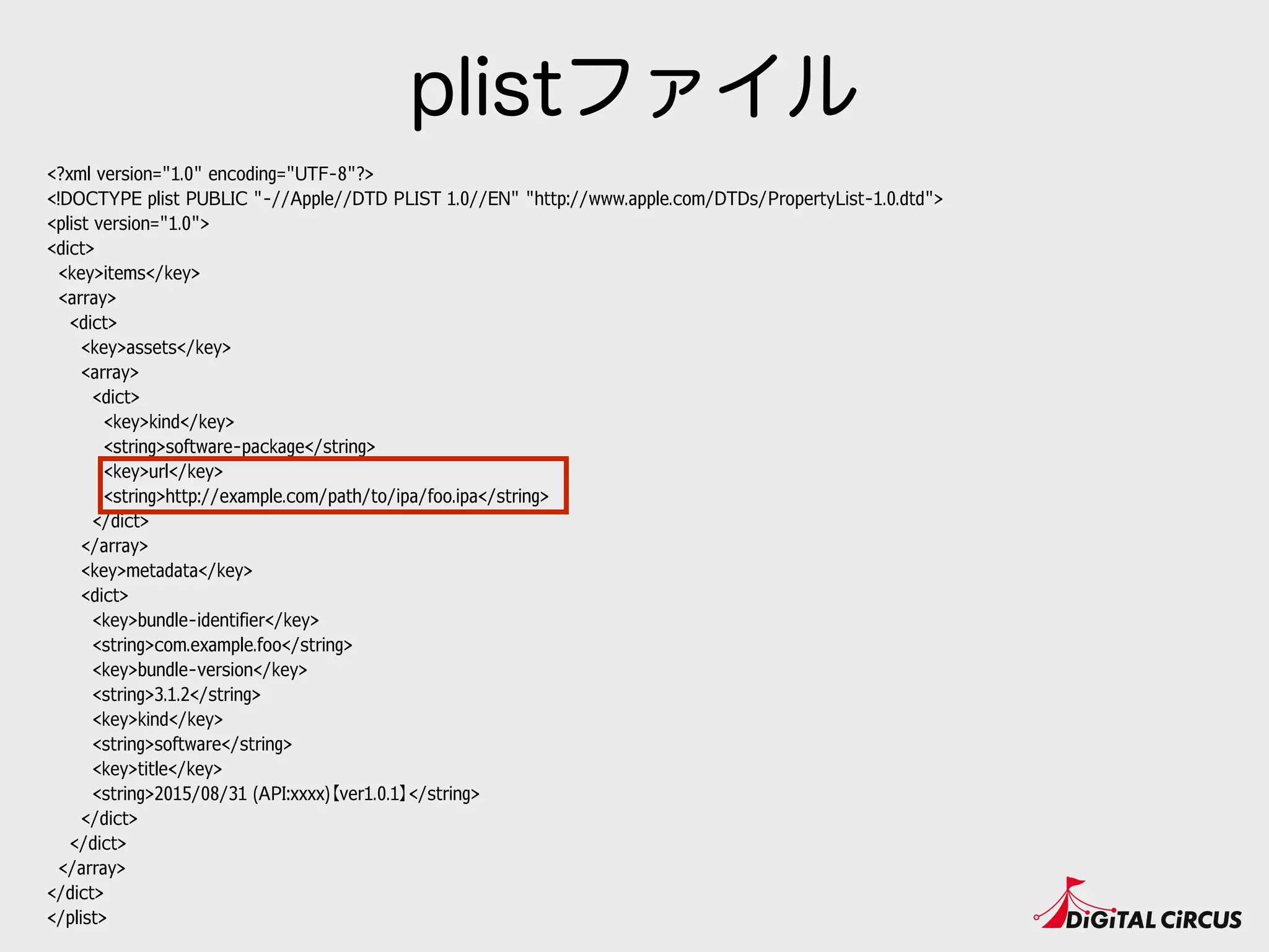 <?xml version="1.0" encoding="UTF-8"?>
<!DOCTYPE plist PUBLIC "-//Apple//DTD PLIST 1.0//EN" "http://www.apple.com/DTDs/PropertyList-1.0.dtd">
<plist version="1.0">
<dict>
<key>items</key>
<array>
<dict>
<key>assets</key>
<array>
<dict>
<key>kind</key>
<string>software-package</string>
<key>url</key>
<string>http://example.com/path/to/ipa/foo.ipa</string>
</dict>
</array>
<key>metadata</key>
<dict>
<key>bundle-identifier</key>
<string>com.example.foo</string>
<key>bundle-version</key>
<string>3.1.2</string>
<key>kind</key>
<string>software</string>
<key>title</key>
<string>2015/08/31 (API:xxxx)【ver1.0.1】</string>
</dict>
</dict>
</array>
</dict>
</plist>
plistファイル
 
