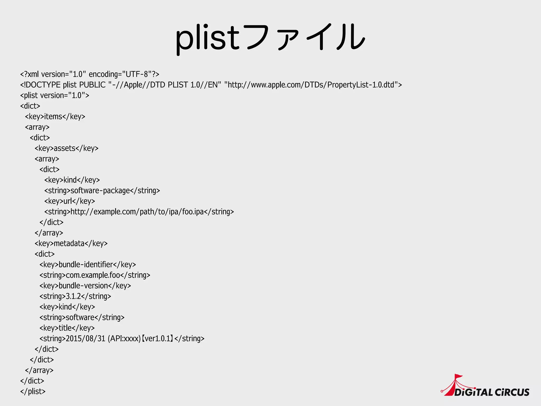 <?xml version="1.0" encoding="UTF-8"?>
<!DOCTYPE plist PUBLIC "-//Apple//DTD PLIST 1.0//EN" "http://www.apple.com/DTDs/PropertyList-1.0.dtd">
<plist version="1.0">
<dict>
<key>items</key>
<array>
<dict>
<key>assets</key>
<array>
<dict>
<key>kind</key>
<string>software-package</string>
<key>url</key>
<string>http://example.com/path/to/ipa/foo.ipa</string>
</dict>
</array>
<key>metadata</key>
<dict>
<key>bundle-identifier</key>
<string>com.example.foo</string>
<key>bundle-version</key>
<string>3.1.2</string>
<key>kind</key>
<string>software</string>
<key>title</key>
<string>2015/08/31 (API:xxxx)【ver1.0.1】</string>
</dict>
</dict>
</array>
</dict>
</plist>
plistファイル
 
