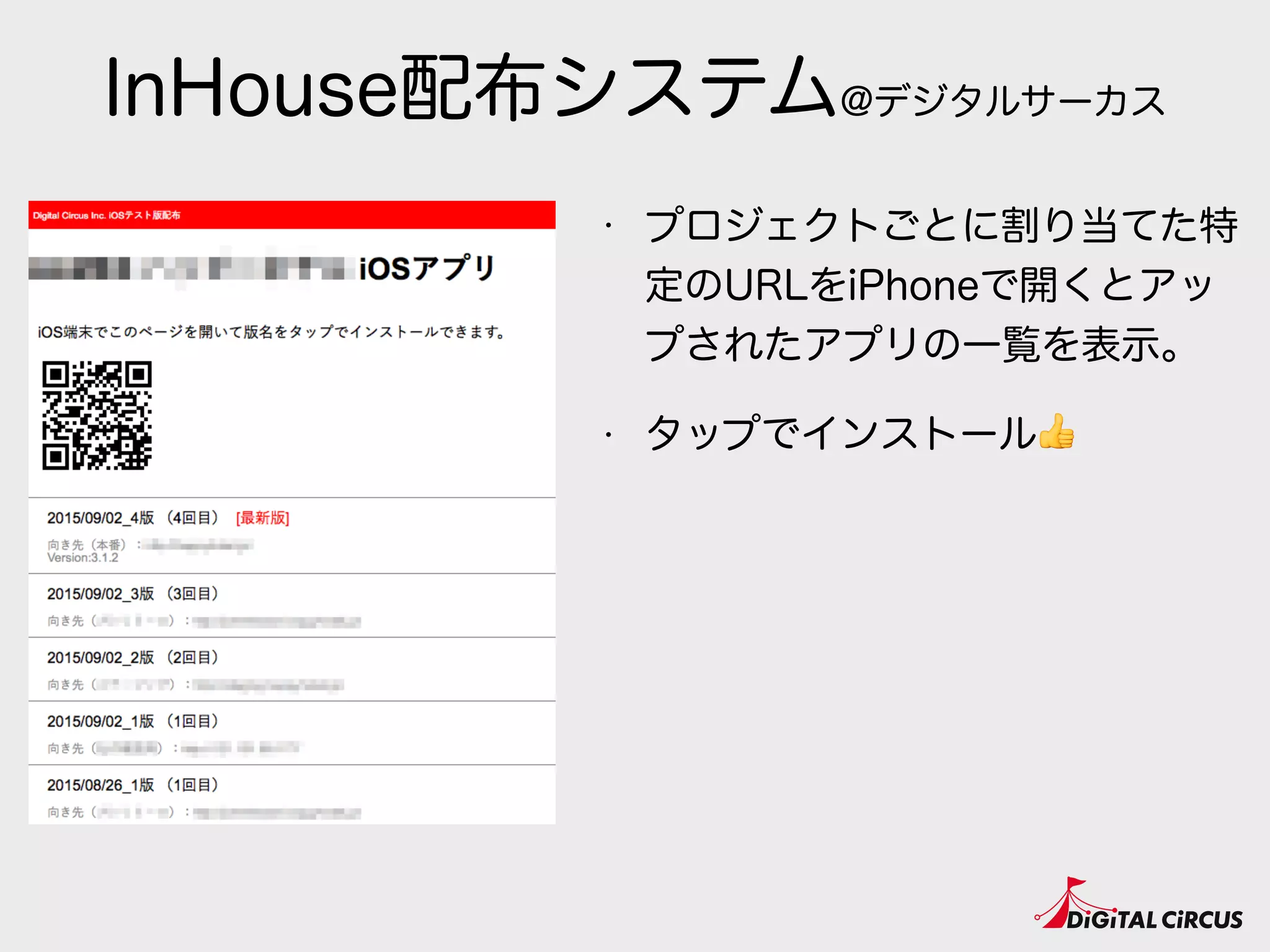 InHouse配布システム@デジタルサーカス
• プロジェクトごとに割り当てた特
定のURLをiPhoneで開くとアッ
プされたアプリの一覧を表示。
• タップでインストール👍
 