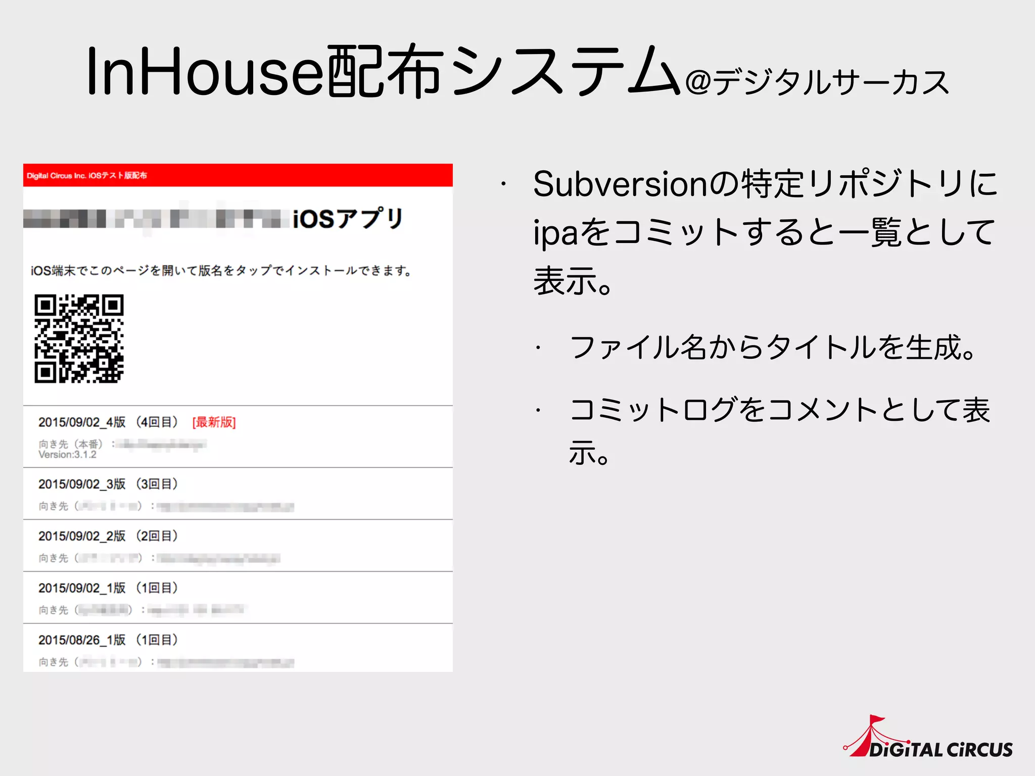 InHouse配布システム@デジタルサーカス
• Subversionの特定リポジトリに
ipaをコミットすると一覧として
表示。
• ファイル名からタイトルを生成。
• コミットログをコメントとして表
示。
 