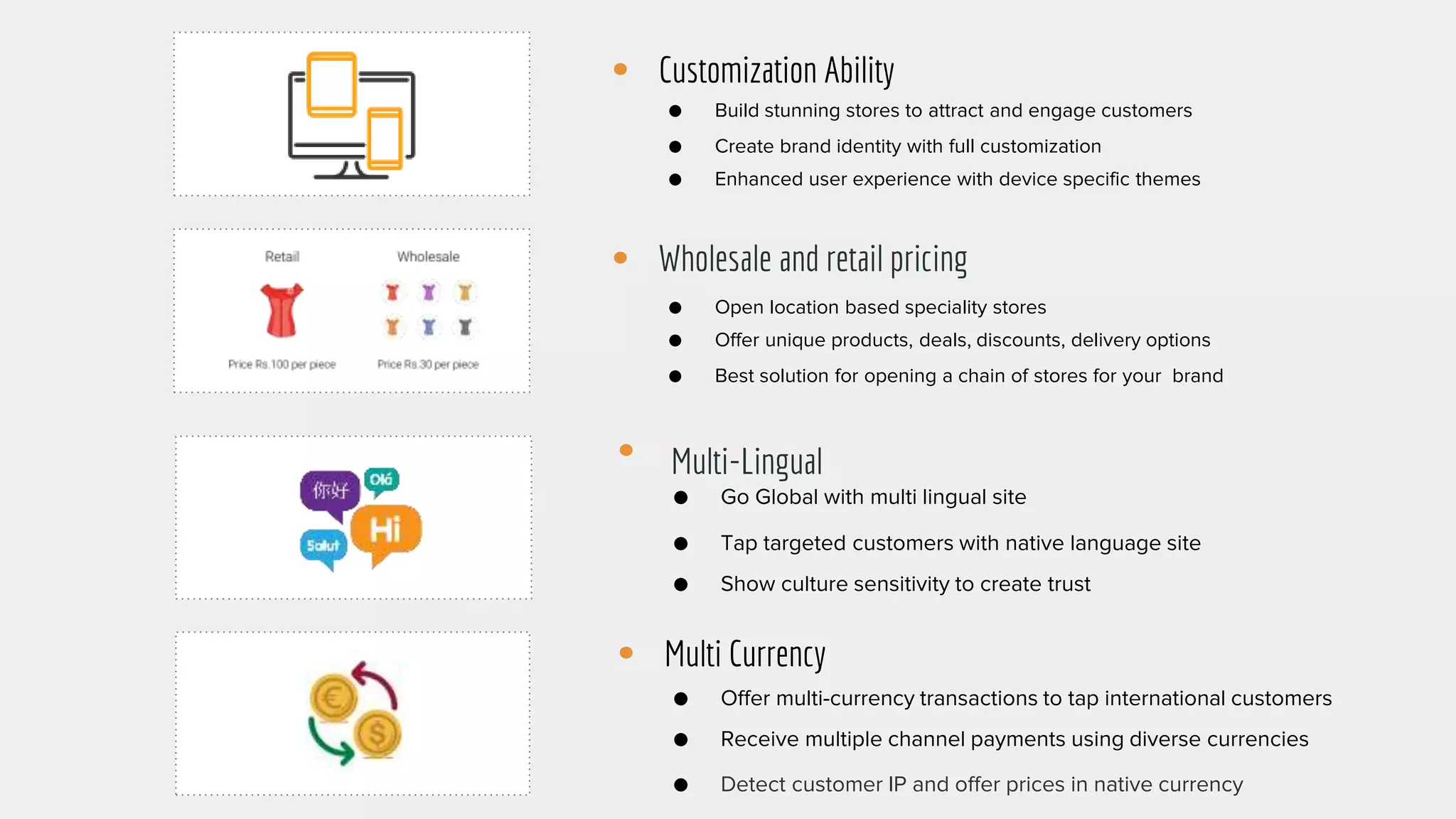 Customization Ability
Wholesale and retail pricing
● Build stunning stores to attract and engage customers
● Create brand identity with full customization
● Enhanced user experience with device specific themes
● Open location based speciality stores
● Offer unique products, deals, discounts, delivery options
● Best solution for opening a chain of stores for your brand
Multi-Lingual
Multi Currency
● Go Global with multi lingual site
● Tap targeted customers with native language site
● Show culture sensitivity to create trust
● Offer multi-currency transactions to tap international customers
● Receive multiple channel payments using diverse currencies
● Detect customer IP and offer prices in native currency
 