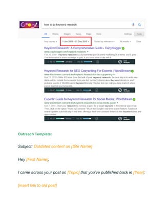 Outreach Template:
Subject: Outdated content on [Site Name]
Hey [First Name],
I came across your post on [Topic] that you’ve published back in [Year]:
[insert link to old post]
 