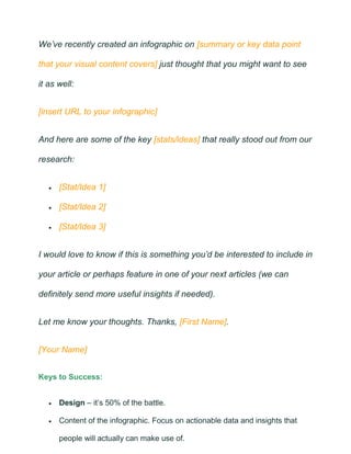 We’ve recently created an infographic on [summary or key data point
that your visual content covers] just thought that you might want to see
it as well:
[insert URL to your infographic]
And here are some of the key [stats/ideas] that really stood out from our
research:
• [Stat/Idea 1]
• [Stat/Idea 2]
• [Stat/Idea 3]
I would love to know if this is something you’d be interested to include in
your article or perhaps feature in one of your next articles (we can
definitely send more useful insights if needed).
Let me know your thoughts. Thanks, [First Name].
[Your Name]
Keys to Success:
• Design – it’s 50% of the battle.
• Content of the infographic. Focus on actionable data and insights that
people will actually can make use of.
 