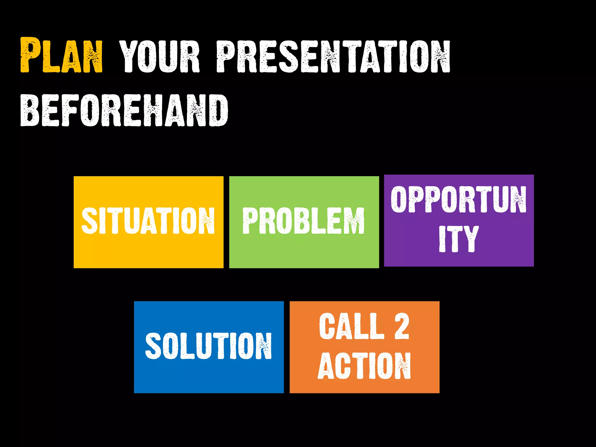 SITUATION
Plan your presentation
beforehand
PROBLEM
OPPORTUN
ITY
SOLUTION
CALL 2
ACTION
 
