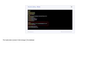 @Entity
@Data
@AllArgsConstructor
@NoArgsConstructor
public class Media {
@Id
@GeneratedValue(strategy = GenerationType.AUTO)
private UUID id;
private String name;
private String mimeType;
private Instant modified;
private long size;
@Lob
@Column(name = "media", columnDefinition="BLOB")
private byte[] media;
private String mediaURL;
private VideoQuality quality;
}
Source Listing - Media
codenameone.com github.com/codenameone/CodenameOne
The media data is stored in blob storage in the database
 