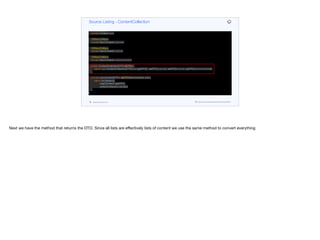 public class ContentCollection {
@Id
@GeneratedValue(strategy = GenerationType.AUTO)
private UUID id;
@ManyToOne
private Content lead;
@ManyToMany
private Set<Content> popular;
@ManyToMany
private Set<Content> myList;
@ManyToMany
private Set<Content> recommended;
public ContentCollectionDTO toDTO() {
return new ContentCollectionDTO(lead.getDTO(), asDTO(popular), asDTO(myList), asDTO(recommended));
}
private List<ContentDTO> asDTO(Set<Content> cnt) {
return cnt.stream().
map(Content::getDTO).
collect(Collectors.toList());
}
}
Source Listing - ContentCollection
codenameone.com github.com/codenameone/CodenameOne
Next we have the method that returns the DTO. Since all lists are eﬀectively lists of content we use the same method to convert everything
 