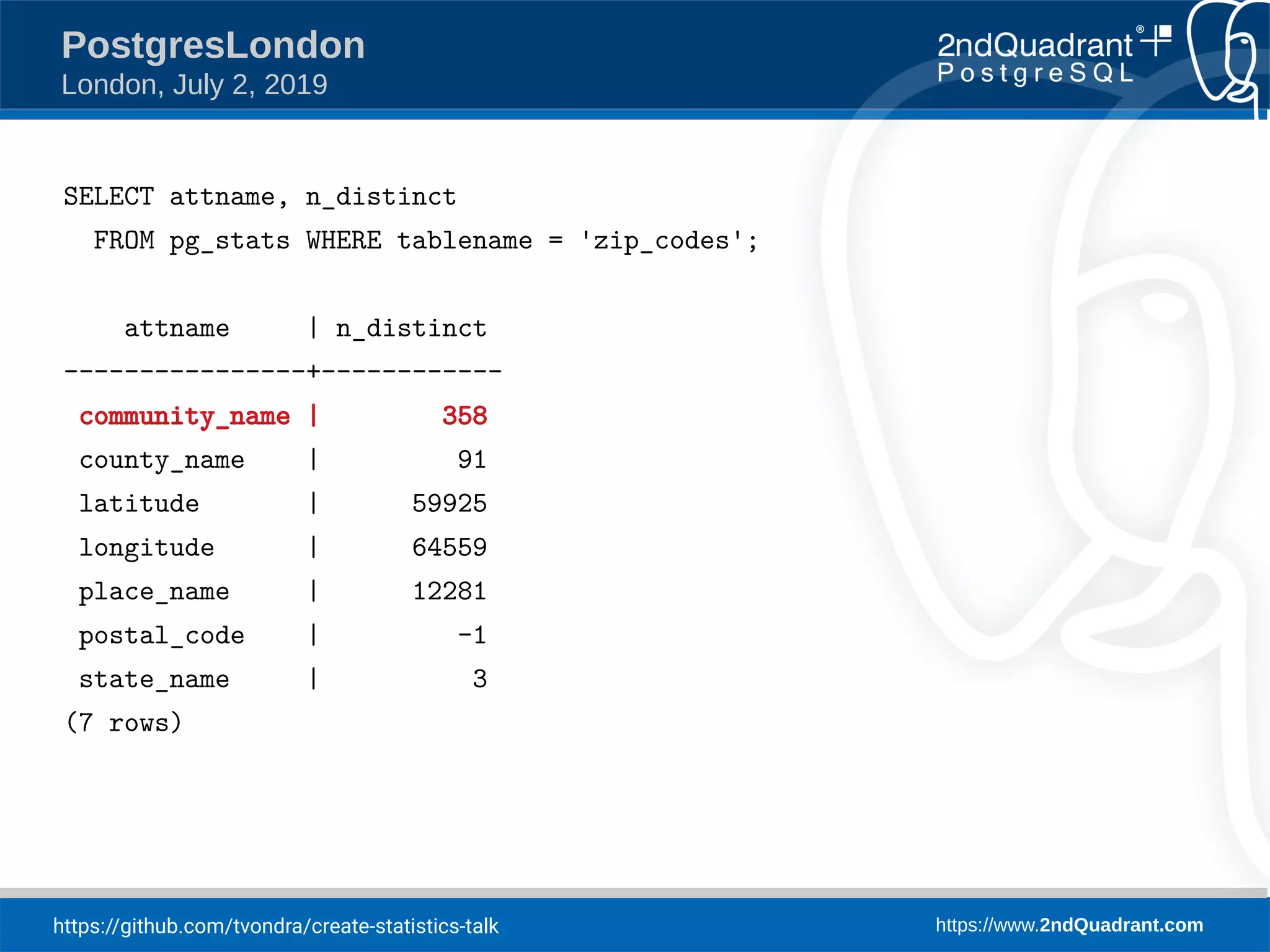 https://github.com/tvondra/create-statistics-talk https://www.2ndQuadrant.com PostgresLondon London, July 2, 2019 SELECT attname, n_distinct FROM pg_stats WHERE tablename = 'zip_codes'; attname | n_distinct ----------------+------------ community_name | 358 county_name | 91 latitude | 59925 longitude | 64559 place_name | 12281 postal_code | -1 state_name | 3 (7 rows) 