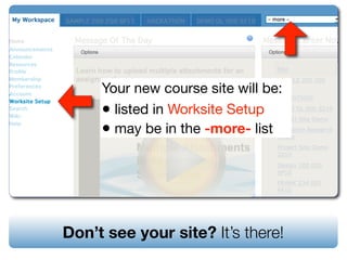 Your new course site will be:
     • listed in Worksite Setup
     • may be in the -more- list




Don’t see your site? It...
