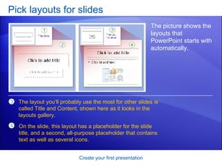 Pick layouts for slides Create your first presentation The picture shows the layouts that PowerPoint starts with automatically.  The layout you’ll probably use the most for other slides is called Title and Content, shown here as it looks in the layouts gallery. On the slide, this layout has a placeholder for the slide title, and a second, all-purpose placeholder that contains text as well as several icons.  