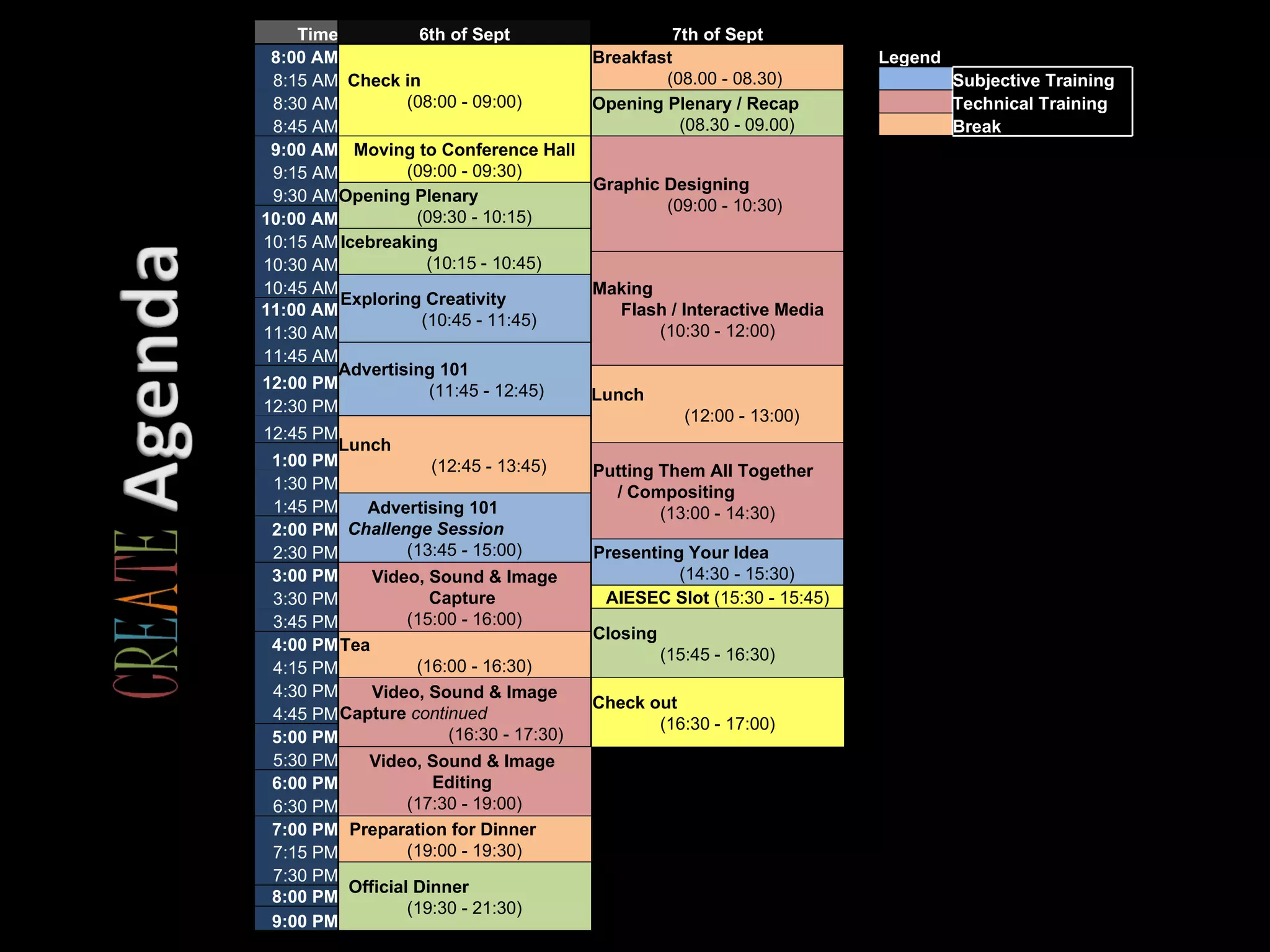 Time 6th of Sept 7th of Sept 8:00 AM Check in  (08:00 - 09:00) Breakfast   (08.00 - 08.30) Legend   8:15 AM   Subjective Training 8:30 AM Opening Plenary / Recap   (08.30 - 09.00)   Technical Training 8:45 AM   Break 9:00 AM Moving to Conference Hall  (09:00 - 09:30) Graphic Designing   (09:00 - 10:30) 9:15 AM 9:30 AM Opening Plenary   (09:30 - 10:15) 10:00 AM 10:15 AM Icebreaking  (10:15 - 10:45) 10:30 AM Making  Flash / Interactive Media  (10:30 - 12:00) 10:45 AM Exploring Creativity  (10:45 - 11:45) 11:00 AM 11:30 AM 11:45 AM Advertising 101  (11:45 - 12:45) 12:00 PM Lunch   (12:00 - 13:00) 12:30 PM 12:45 PM Lunch   (12:45 - 13:45) 1:00 PM Putting Them All Together  / Compositing   (13:00 - 14:30) 1:30 PM 1:45 PM Advertising 101  Challenge Session   (13:45 - 15:00) 2:00 PM 2:30 PM Presenting Your Idea  (14:30 - 15:30) 3:00 PM Video, Sound & Image Capture   (15:00 - 16:00) 3:30 PM AIESEC Slot  (15:30 - 15:45) 3:45 PM Closing  (15:45 - 16:30) 4:00 PM Tea   (16:00 - 16:30) 4:15 PM 4:30 PM Video, Sound & Image Capture   continued   (16:30 - 17:30) Check out  (16:30 - 17:00) 4:45 PM 5:00 PM 5:30 PM Video, Sound & Image  Editing   (17:30 - 19:00) 6:00 PM 6:30 PM 7:00 PM Preparation for Dinner  (19:00 - 19:30) 7:15 PM 7:30 PM Official Dinner  (19:30 - 21:30) 8:00 PM 9:00 PM 