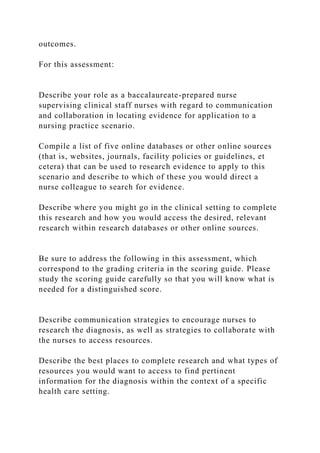 outcomes.
For this assessment:
Describe your role as a baccalaureate-prepared nurse
supervising clinical staff nurses with regard to communication
and collaboration in locating evidence for application to a
nursing practice scenario.
Compile a list of five online databases or other online sources
(that is, websites, journals, facility policies or guidelines, et
cetera) that can be used to research evidence to apply to this
scenario and describe to which of these you would direct a
nurse colleague to search for evidence.
Describe where you might go in the clinical setting to complete
this research and how you would access the desired, relevant
research within research databases or other online sources.
Be sure to address the following in this assessment, which
correspond to the grading criteria in the scoring guide. Please
study the scoring guide carefully so that you will know what is
needed for a distinguished score.
Describe communication strategies to encourage nurses to
research the diagnosis, as well as strategies to collaborate with
the nurses to access resources.
Describe the best places to complete research and what types of
resources you would want to access to find pertinent
information for the diagnosis within the context of a specific
health care setting.
 