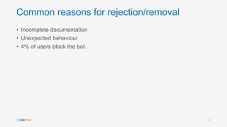 Common reasons for rejection/removal
• Incomplete documentation
• Unexpected behaviour
• 4% of users block the bot.
15
 