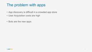 The problem with apps
• App discovery is difficult in a crowded app store
• User Acquisition costs are high
• Bots are the new apps
4
 