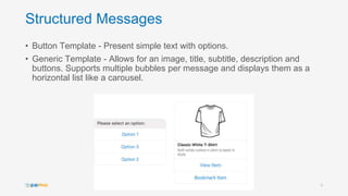 Structured Messages
• Button Template - Present simple text with options.
• Generic Template - Allows for an image, title, subtitle, description and
buttons. Supports multiple bubbles per message and displays them as a
horizontal list like a carousel.
9
 