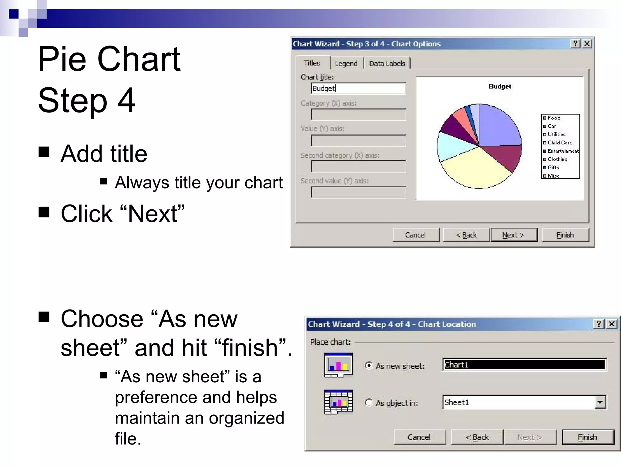 Pie Chart Step 4 Add title Always title your chart Click “Next” Choose “As new sheet” and hit “finish”. “ As new sheet” is a preference and helps maintain an organized file. 