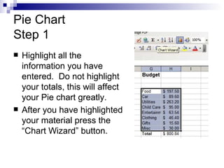 Pie Chart  Step 1 Highlight all the information you have entered.  Do not highlight your totals, this will affect your Pie chart greatly.  After you have highlighted your material press the “Chart Wizard” button. 