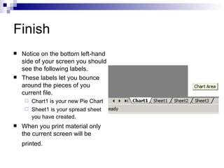 Finish Notice on the bottom left-hand side of your screen you should see the following labels.  These labels let you bounce around the pieces of you current file. Chart1 is your new Pie Chart  Sheet1 is your spread sheet you have created . When you print material only the current screen will be printed.   