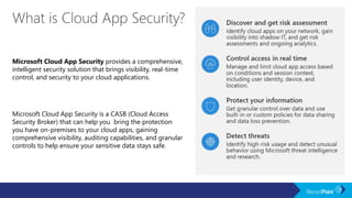 Microsoft Cloud App Security is a CASB (Cloud Access
Security Broker) that can help you bring the protection
you have on-premises to your cloud apps, gaining
comprehensive visibility, auditing capabilities, and granular
controls to help ensure your sensitive data stays safe.
Microsoft Cloud App Security provides a comprehensive,
intelligent security solution that brings visibility, real-time
control, and security to your cloud applications.
 