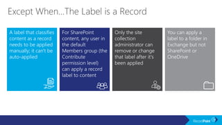 A label that classifies
content as a record
needs to be applied
manually; it can't be
auto-applied
For SharePoint
content, any user in
the default
Members group (the
Contribute
permission level)
can apply a record
label to content
Only the site
collection
administrator can
remove or change
that label after it's
been applied
You can apply a
label to a folder in
Exchange but not
SharePoint or
OneDrive
 