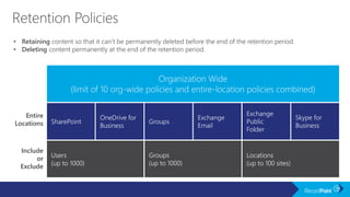 • Retaining content so that it can’t be permanently deleted before the end of the retention period.
• Deleting content permanently at the end of the retention period.
Entire
Locations
Include
or
Exclude
Organization Wide
(limit of 10 org-wide policies and entire-location policies combined)
SharePoint
OneDrive for
Business
Groups
Skype for
Business
Exchange
Email
Exchange
Public
Folder
Users
(up to 1000)
Groups
(up to 1000)
Locations
(up to 100 sites)
 